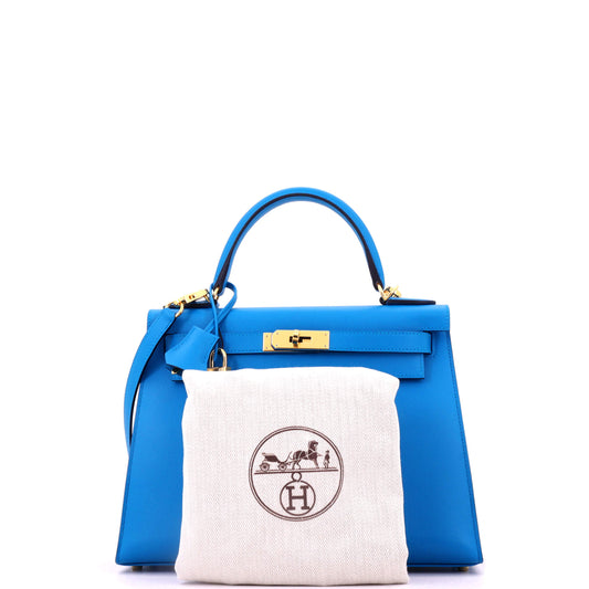 Hermes Kelly Handbag Blue Madame Gold Hardware Size 28