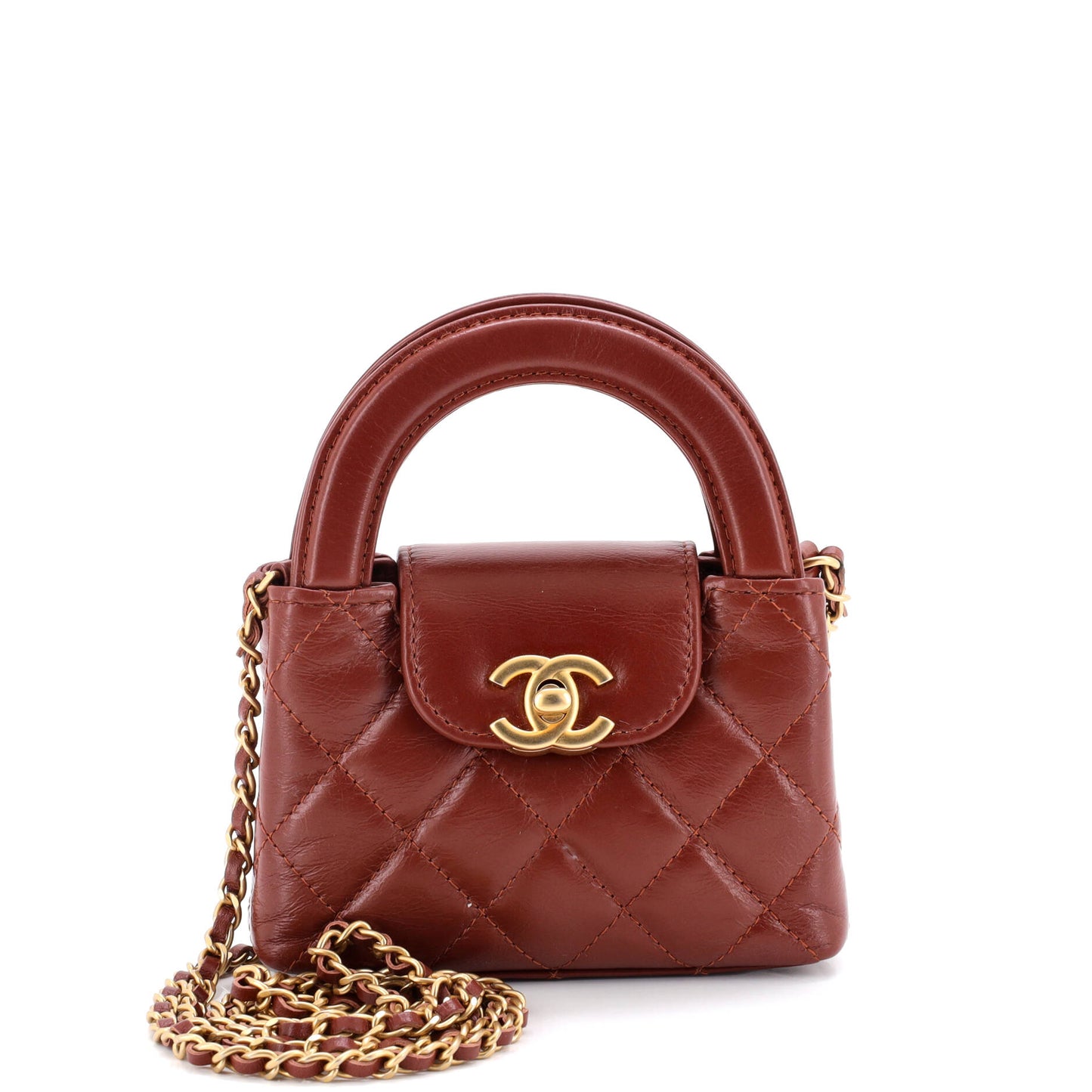Chanel Kelly Top Handle Shopping Bag in Quilted Shiny Aged Calfskin Nano