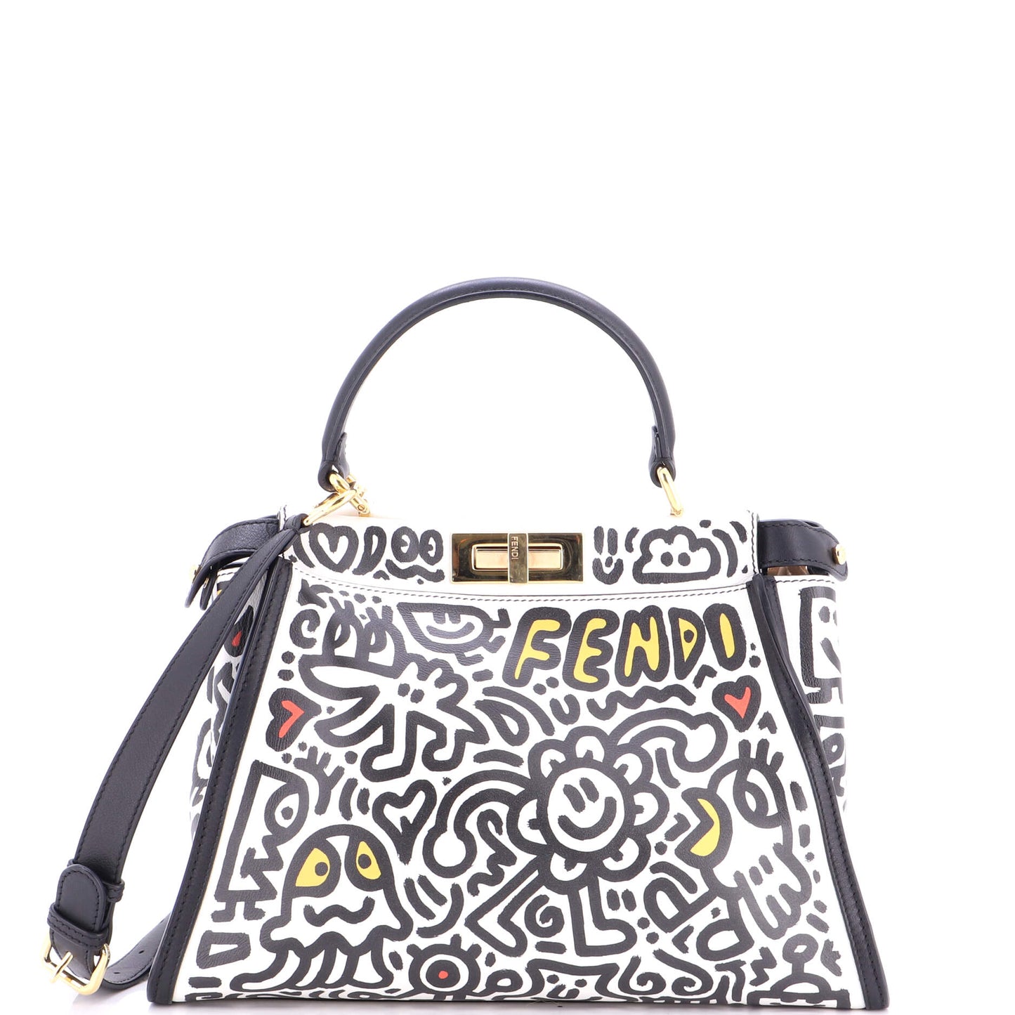 Fendi x Mr. Doodle Peekaboo Iconic Bag in Printed Leather, Regular Size
