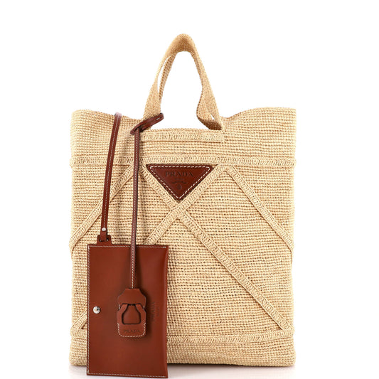 Prada Triangle Logo Shopping Tote, Crochet Raffia, Large