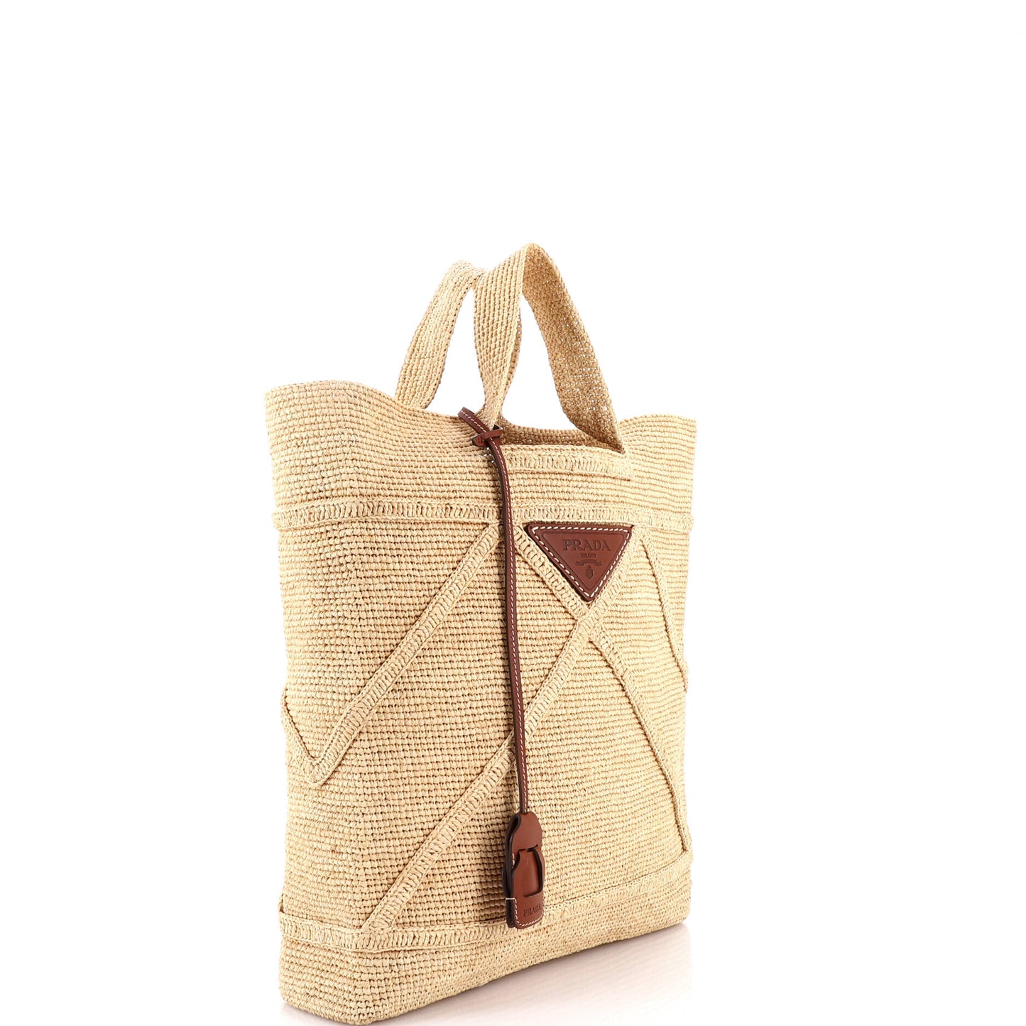 Prada Triangle Logo Shopping Tote, Crochet Raffia, Large