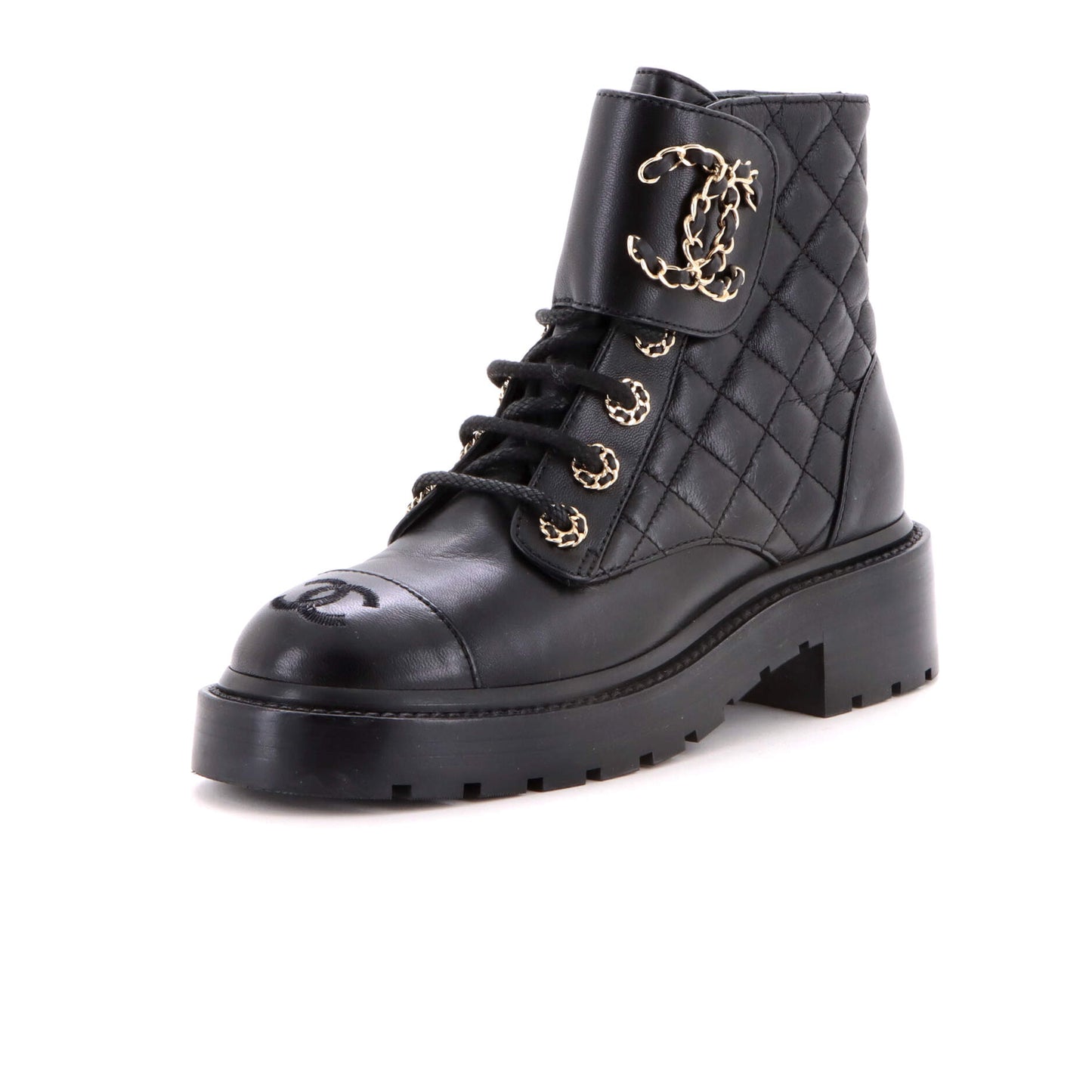 Chanel Women's Chain CC Cap Toe Lace-Up Combat Boots in Quilted Leather