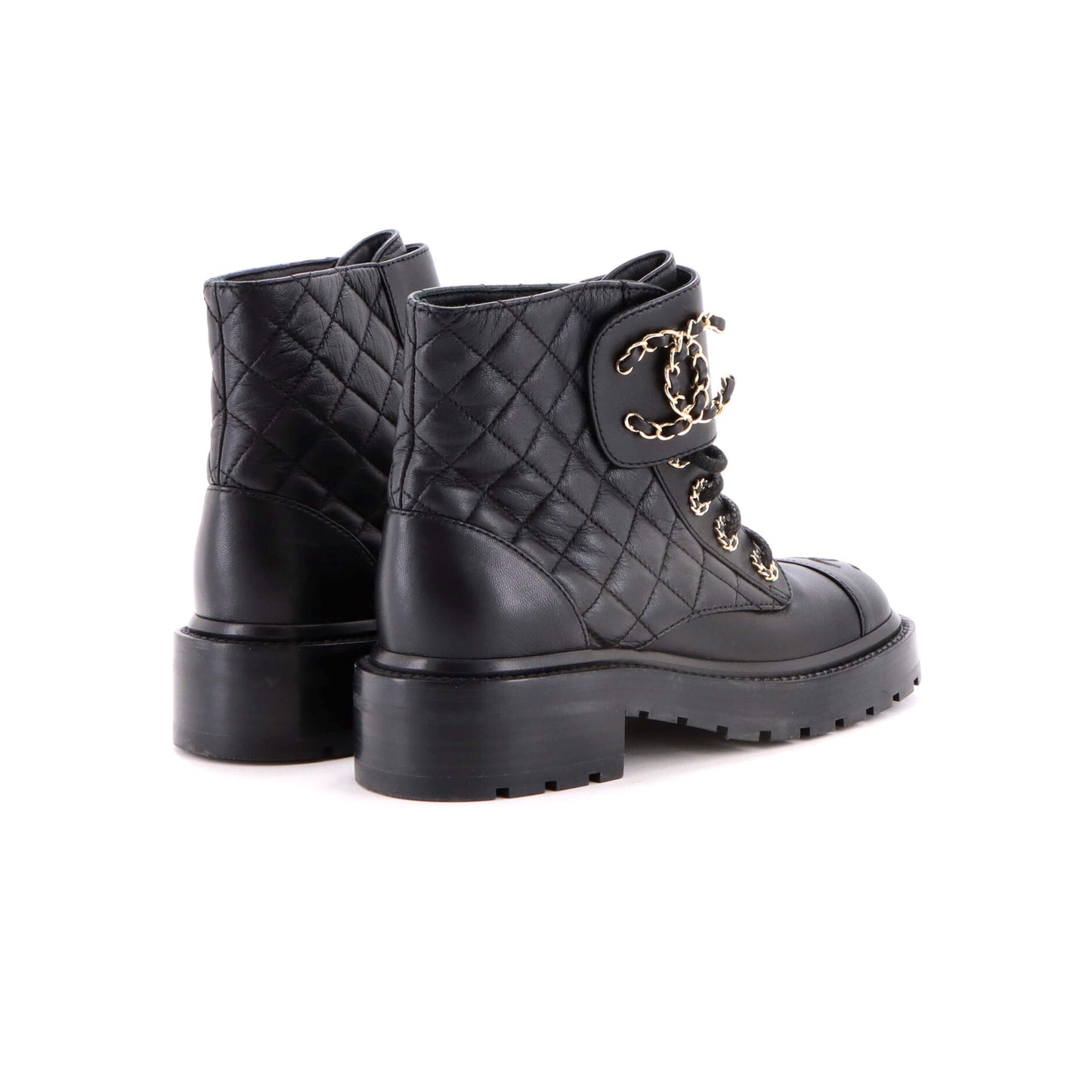 Chanel Women's Chain CC Cap Toe Lace-Up Combat Boots in Quilted Leather