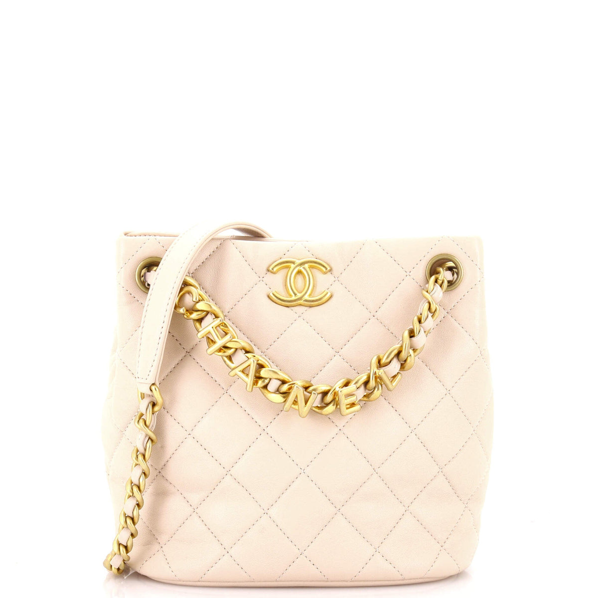 Chanel Logo Letters Drawstring Chain Bucket Bag Quilted Goatskin
