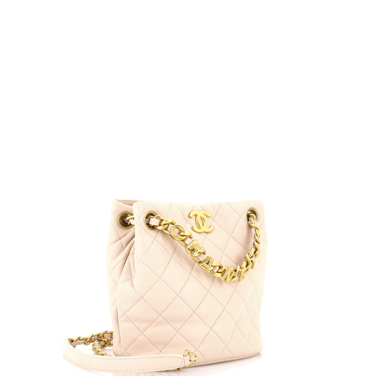 Chanel Logo Letters Drawstring Chain Bucket Bag Quilted Goatskin