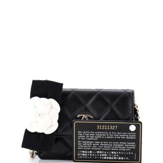 Chanel Camellia Bow Flap Card Holder with Chain Quilted Lambskin