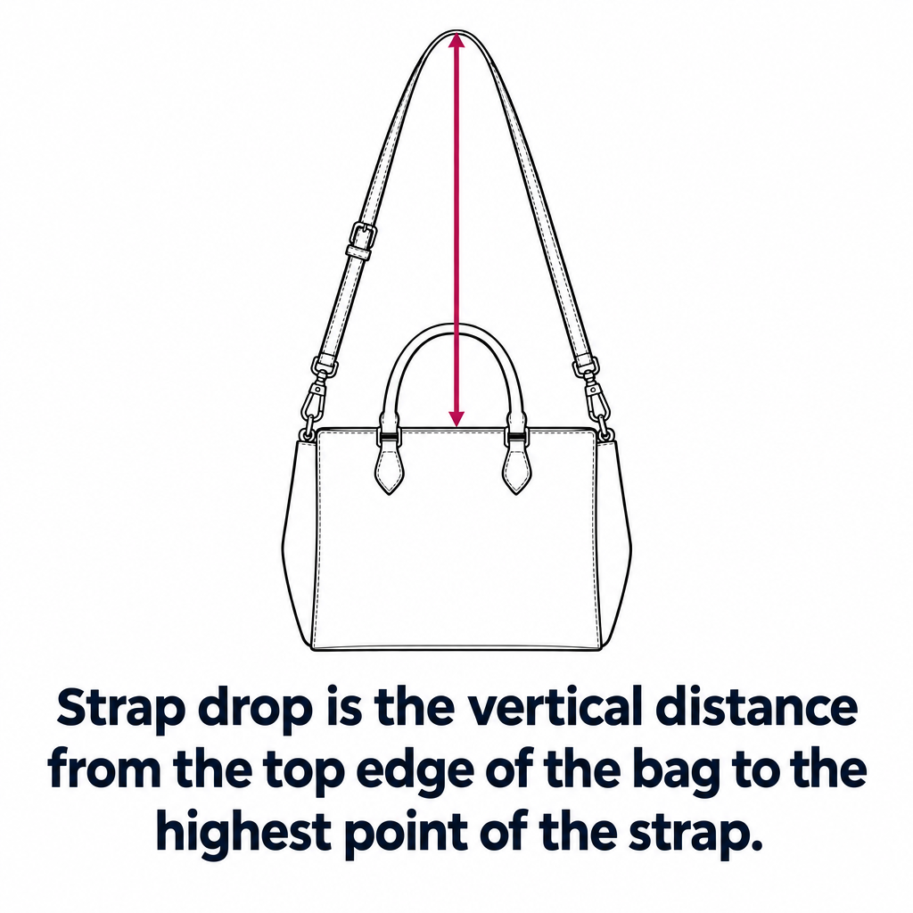 Strap drop measurement: the vertical distance from the bag body's top edge to the highest point of the long strap.