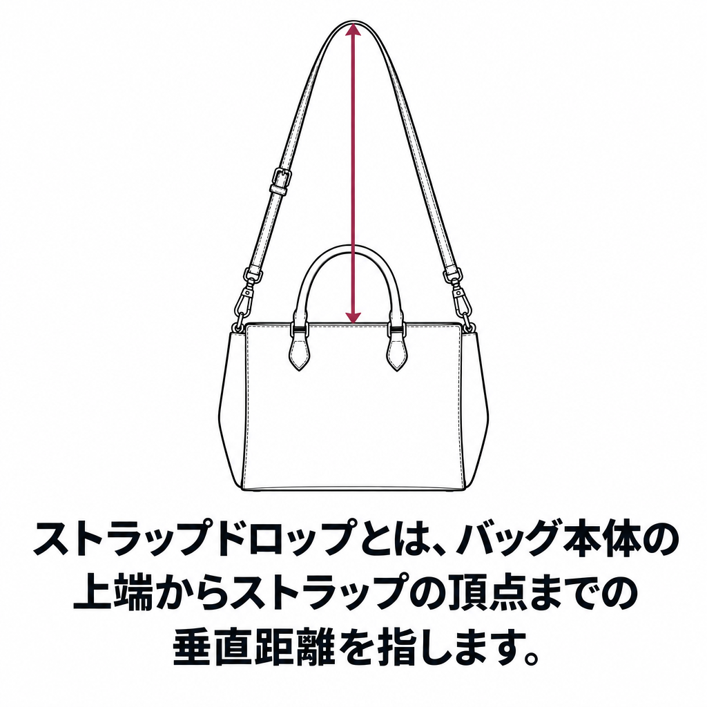 ストラップドロップの測定方法。バッグ本体の上端から長いストラップの頂点までの垂直距離。